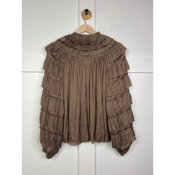 NEW Ulla Johnson Lucy Tiered Long Sleeves Ruffled Neck Blouse Mica Brown Size: 4 - Picture 6 of 7